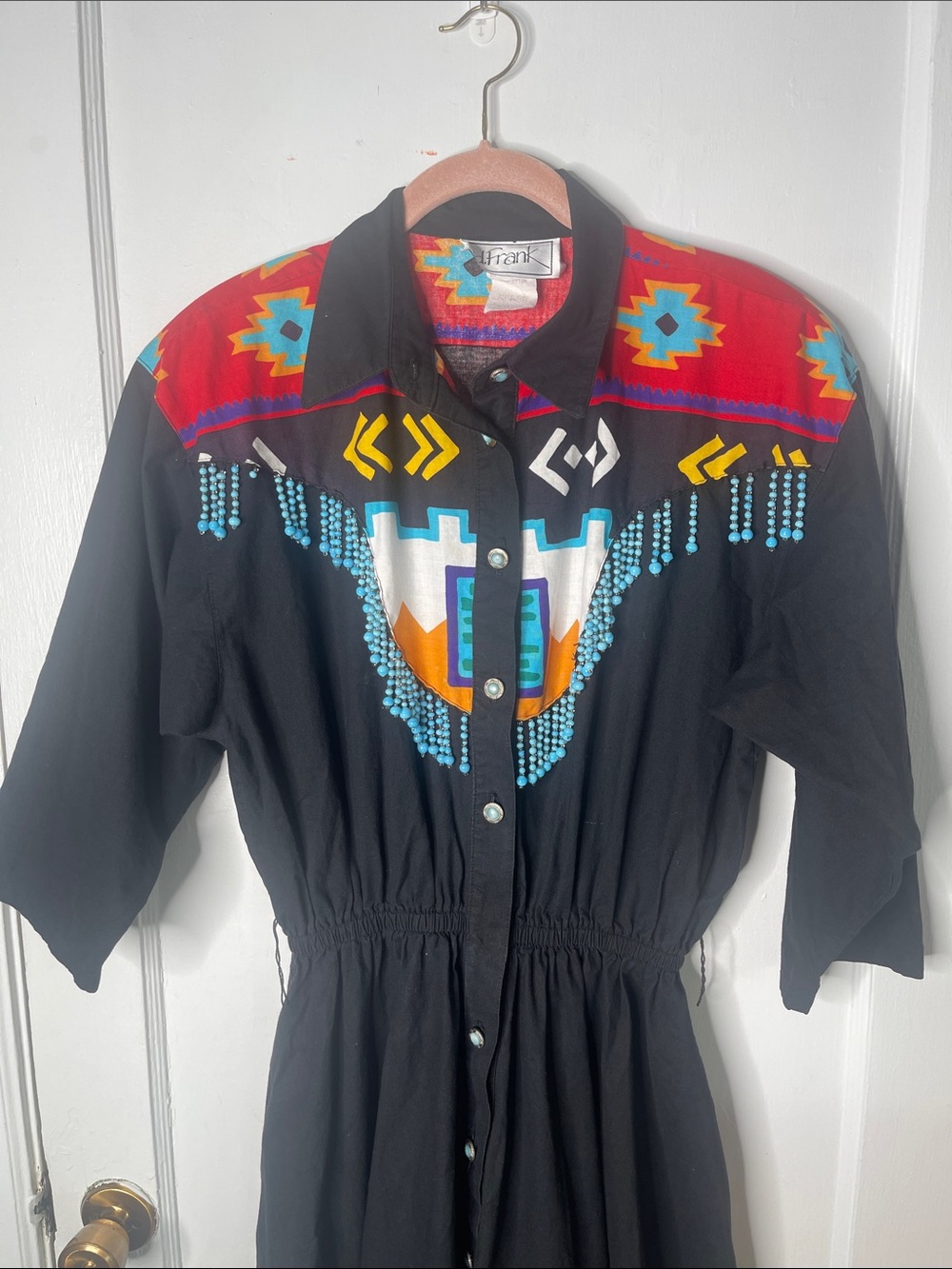 90s Western Dress 10 D. Frank USA Rodeo Queen Cowgirl Vintage Black Beads Fringe - Picture 2 of 15